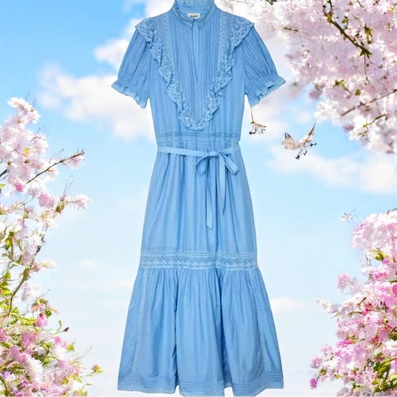 NWT Zadig & Voltaire Ronelo Tomboy Ruffles Oxford Light Blue Midi LaceDress SZ S - Picture 1 of 14